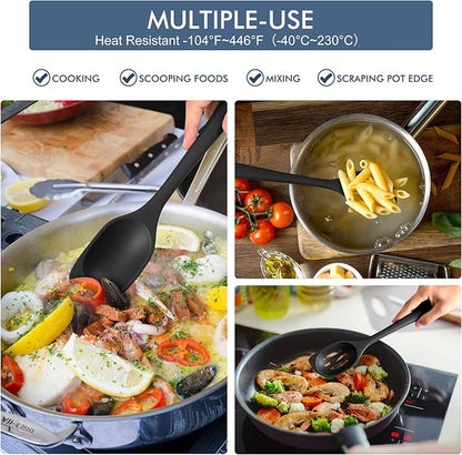HOTEC Heat Resistant Silicone Cooking Spoon Spatula, Large Kitchen Solid and Slotted Spoons for Mixing, Serving, Scraping, Non-stick, Dishwasher Safe Black 12.5inch - Image 5
