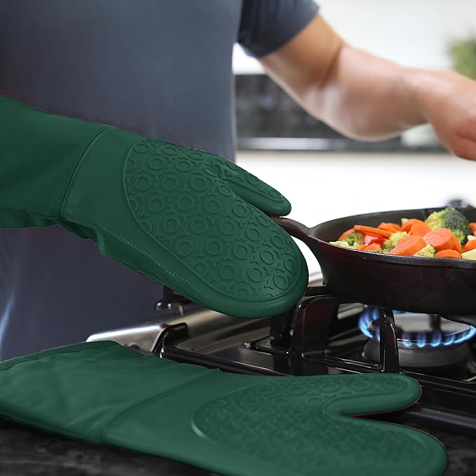 BPA-Free Silicone Oven Mitts Ultra Heat Resistant up to 500°F - Oven Mitts with Thick Cotton Liner - Long Slip Resistant Pot Holders, Flexible Oven Gloves - Green 13.7 - Image 9