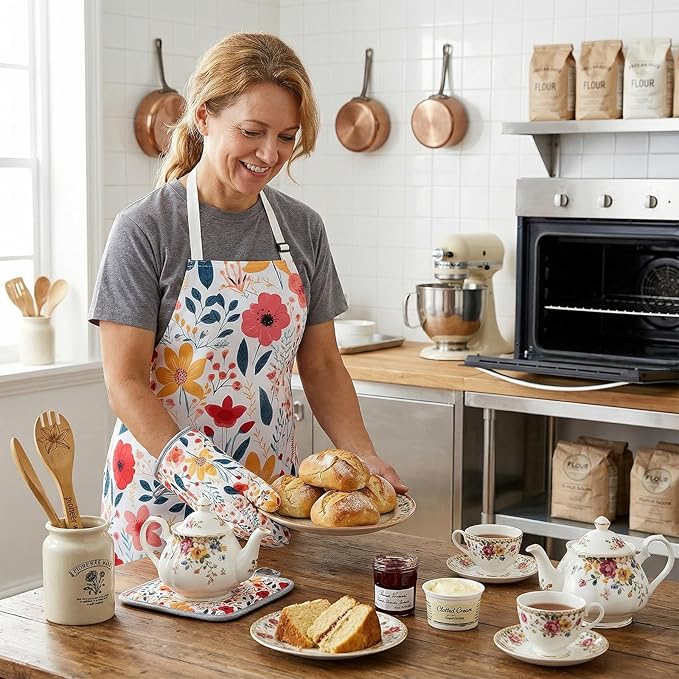 13 Pcs Kitchen Stuff Accessories Include 5 Cute Wooden Spoons & 2 Kitchen Oven Mitts & 2 Pot Holders & 2 Kitchen Apron & 2 Kitchen Towel,Gifts for Women