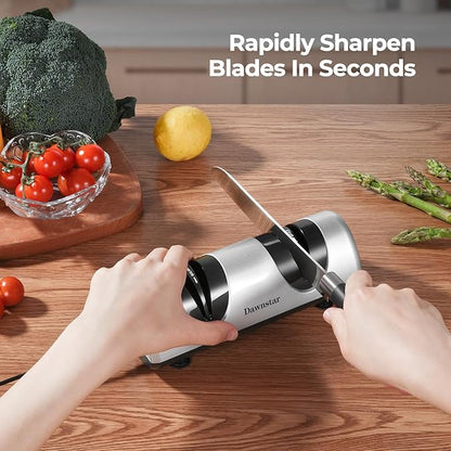 Electric Knife Sharpener, Professional Kitchen Knife Sharpener for Home Use, 2 Stages of Coarse Sharpening & Fine Polishing, Metal Dust Collection Box for Easy Cleaning, Silver Gray - Image 3
