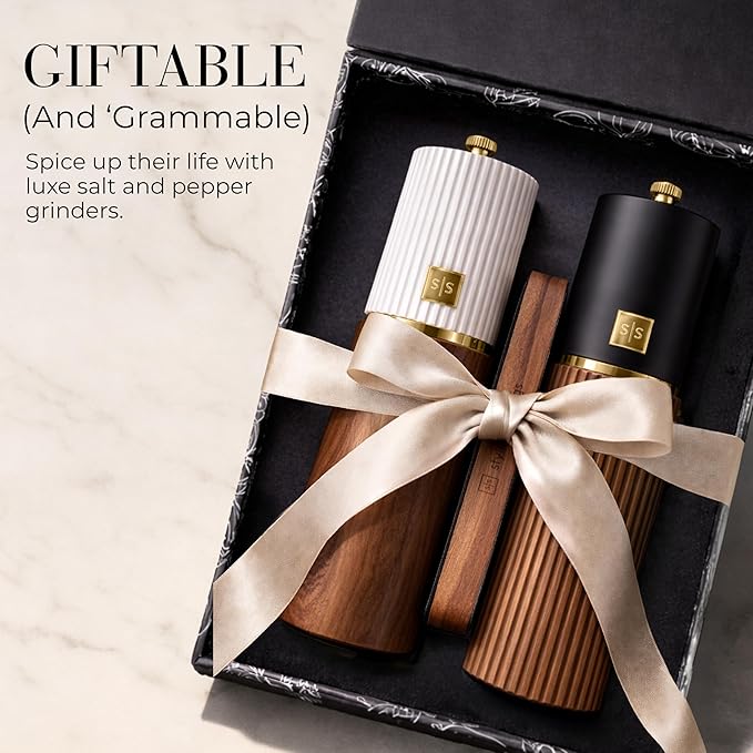 Wooden Salt and Pepper Grinder Set – Refillable Manual Salt and Pepper Mills with Adjustable Ceramic Burrs, Gold Detailing, and Wood Stand – White, Black and Acacia - Image 6