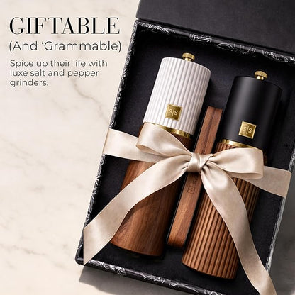 Wooden Salt and Pepper Grinder Set – Refillable Manual Salt and Pepper Mills with Adjustable Ceramic Burrs, Gold Detailing, and Wood Stand – White, Black and Acacia - Image 6