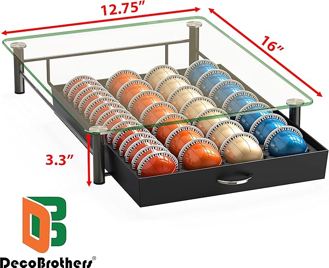 DecoBrothers Crystal Tempered Glass Vertuo Pod Holder Drawer, 28 Large or 56 Small Nespresso Capsule Organizer, Black - Image 3