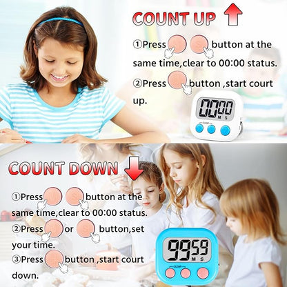 Timer for Kids Teachers Supplies Digital Kitchen Timers for Cooking Large Magnetic Classroom Timer 2Pack-White Blue