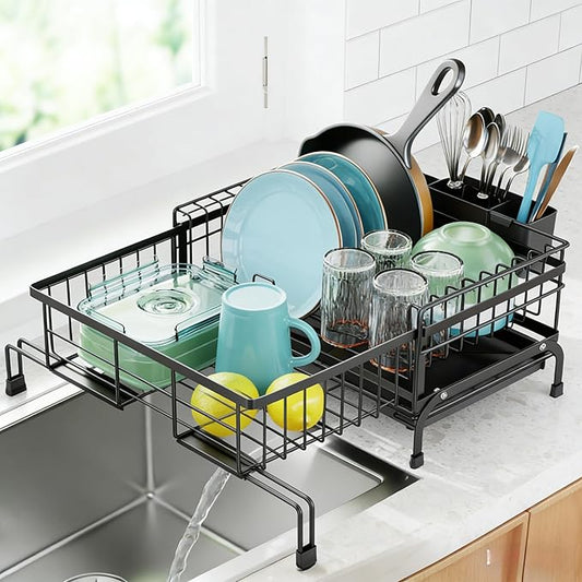 GSlife Expandable Dish Drying Rack - Small 2-in-1 Dish Racks for Kitchen Counter and Sink, Compact Dish Rack with 2 Pan Slot & High Raised Edges for RV and Apartment, 18.7"-11.4" L x 15.6" W, Black