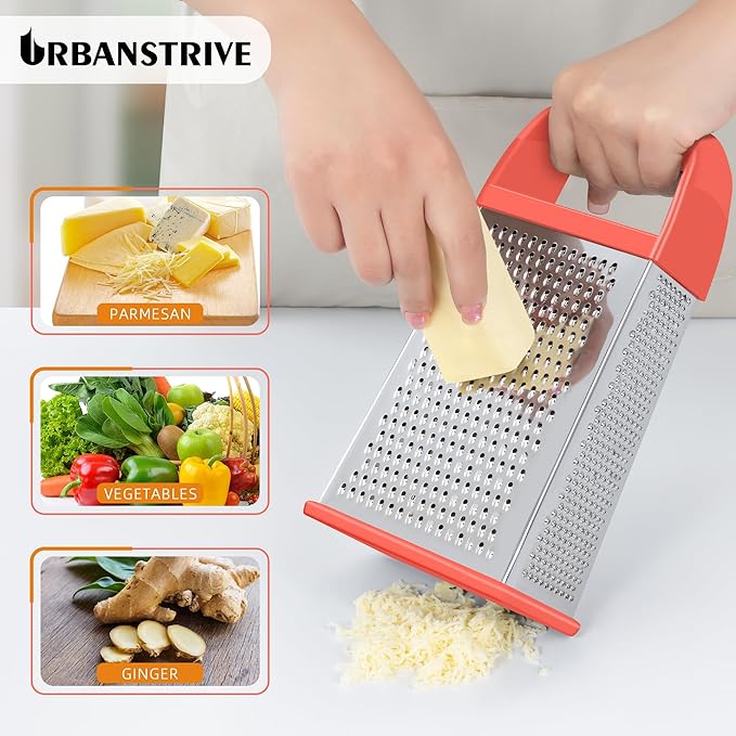 Urbanstrive Cheese Grater With Container, Professional Cheese Grater with Handle, Stainless Steel Graters for Kitchen Handheld, Box Grater with 4 Sides for Vegetables, Ginger, Potatoes (Coral) - Image 4