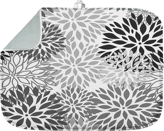 Sanwarm Absorbent Dish Drying Mat, Vintage Spring Leaf Gray Floral Flower Microfiber Pad for Kitchen Counter, Coffee Bar Decor, Heat Resistant and Reversible, 16" x 18"