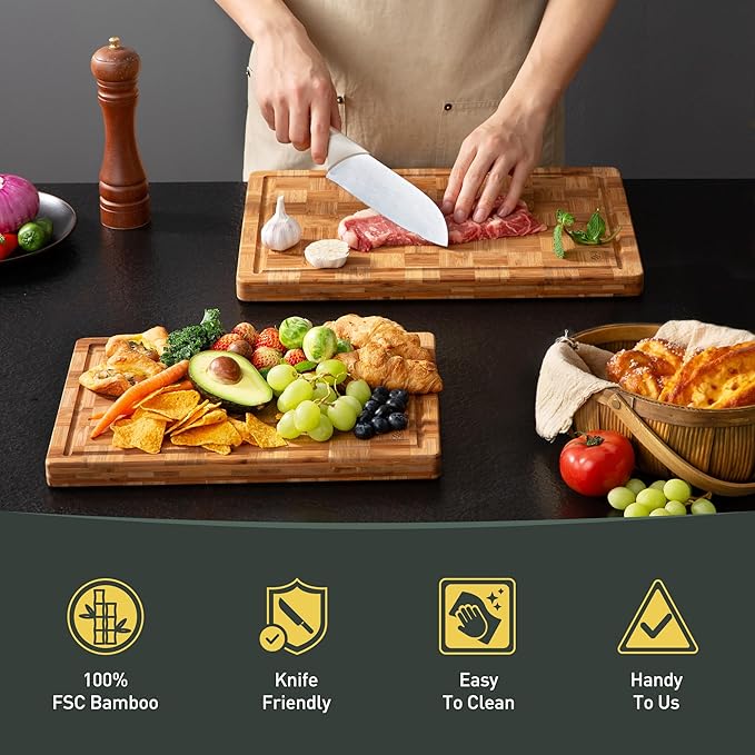 2 Pack Heavy Duty Bamboo Cutting Board Set Non Slip Over Sink Solid End Grain Thick Wood Chopping Board Extra Large Big Small Best Organic Hardwood Wooden Kitchen Essential New Home Housewarming Gift - Image 7