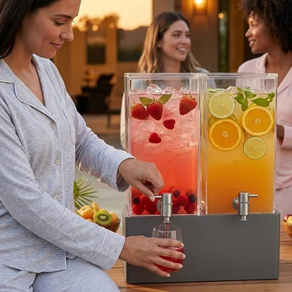 1.25 Gallon Dual Acrylic Beverage Dispenser with Gray Metal Stand – 2-Drink Server with Ice Chambers & Stainless Steel Spouts