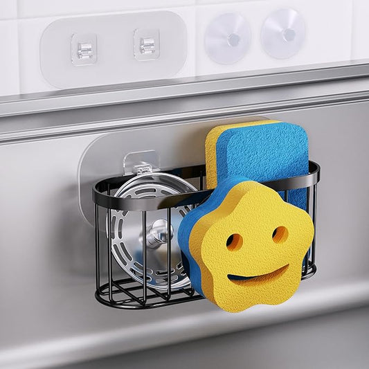 HapiRm Sink Caddy Sponge Holder - 2 Installation Ways Kitchen Sink Organizer with Smiley Face Sponge Holder, Stainless Steel Kitchen Caddy - Black by HapiRm