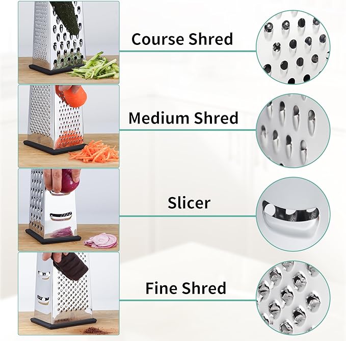 Cheese Grater with Wood Handle, Size 4-Sided Stainless Steel Box Grater, Food Shredder for Cheese, Parmesan, Vegetable, Dishwasher Safe, Black - Image 3