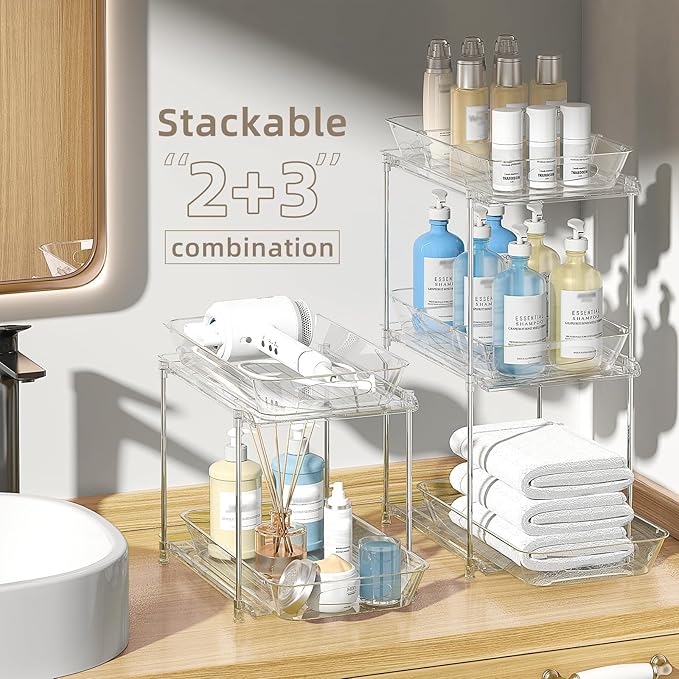 Sevenblue Under Sink Organizer, Bathroom Organizers and Storage, 2 Tier Multi-Use Pull Out Cabinet Organizer with Hang Hooks and Cups (transparent, 2 Pack) - Image 3
