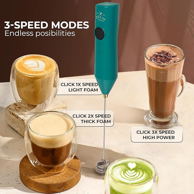 Zulay Kitchen Rechargeable Milk Frother - Dynamic - 3 Speeds, 3 Whisk Attachments, 500 mAh USB Charging, Drink Mixer For Latte, Cappuccino, Matcha, Protein Powder, Coffee Foam - Green Gold - Image 4