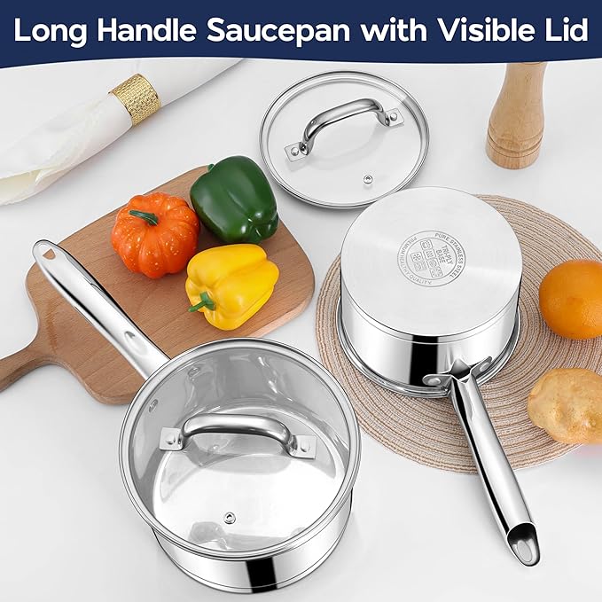 LIANYU Stainless Steel Saucepan Set of 2, 2QT & 3QT Sauce Pan with Tempered Glass Lid, Tri-Ply Bottom Small Cooking Pot, Oven & Dishwasher Safe