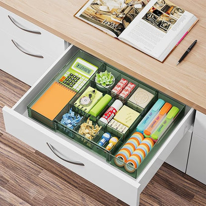 Marbrasse Expandable Desk Drawer Organizer, Clear Plastic Drawer Organizer Tray with 10 Adjustable Compartments, Desk Organizers and Accessories, 5 Drawer Dividers for Office Supplies(Clear Green) - Image 8