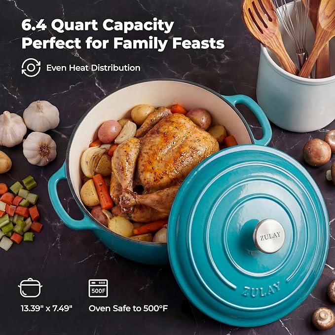 Zulay Kitchen 6 Quart Enameled Cast Iron Dutch Oven Pot with Lid – Premium Durability & Oven Safe up to 500°F – Heavy Duty Cookware Perfect for Bread Baking, Stews, Braising & Roasting - Light Blue - Image 6