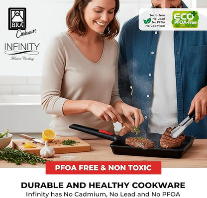 BRA COOKWARE Infinity Nonstick Ribbed Grill Pan (11x11 Inch) | Cast Aluminum Searing Skillet | Removable Handle | PFOA/PFAS Free Square Griddle | All Cooktops (incl Induction) Grilling Skillet