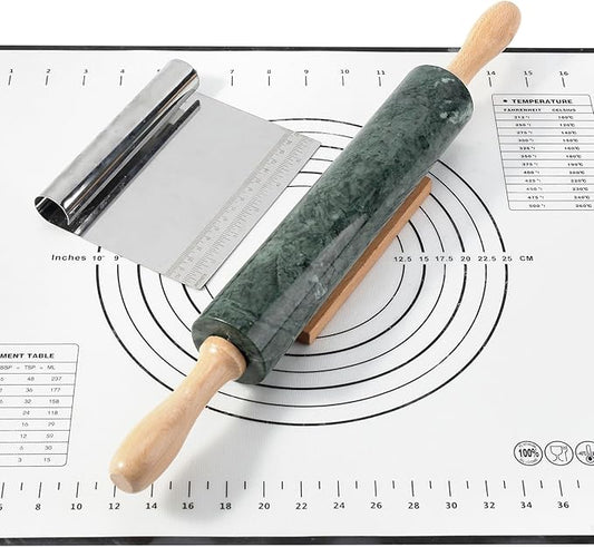 Koville Indian Natural Marble Rolling Pin, Non-Stick Polished Dough Roller, Pasta, Dumpling, Fondant, Pie Crust, Bread, Pizza Dough, Kitchen Baking Pastry Tools with Mat/Scraper(Indian Green) by Koville