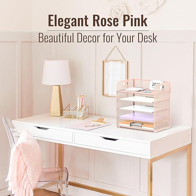 Supeasy 5 Trays Paper Organizer Letter Tray with Handle-Mesh Desk File Holders, Paper Sorter Desk Organizer for Office, Home, Classroom or School, Pink - Image 2