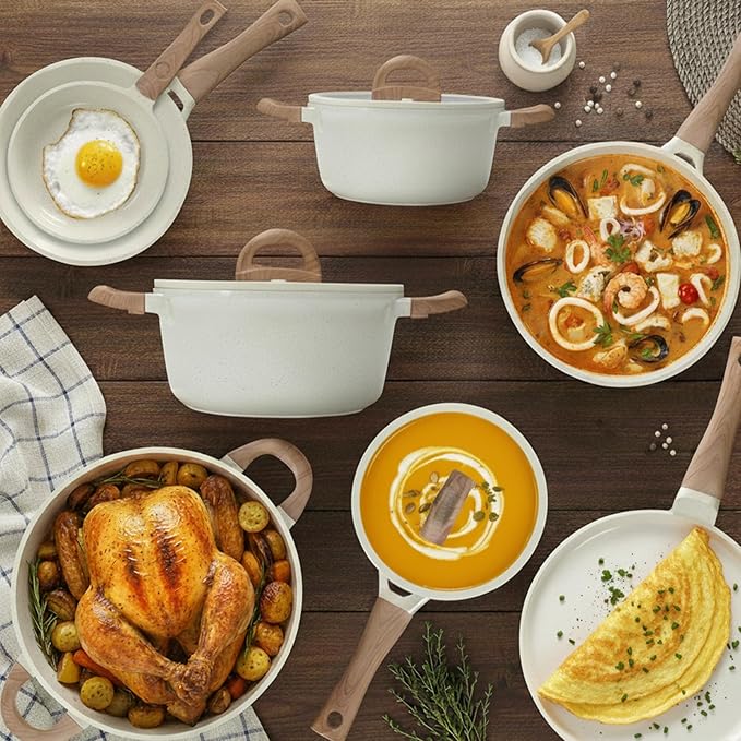 Pots and Pans Set Non Stick Non-Toxic 22 Pcs Ceramic Cookware Sets Nonstick Kitchen Pot&Pan With Lid Cream White Granite Induction Compatible with Glass Lids Crepe Frying Pan PFOA/PFOS-Free - Image 9