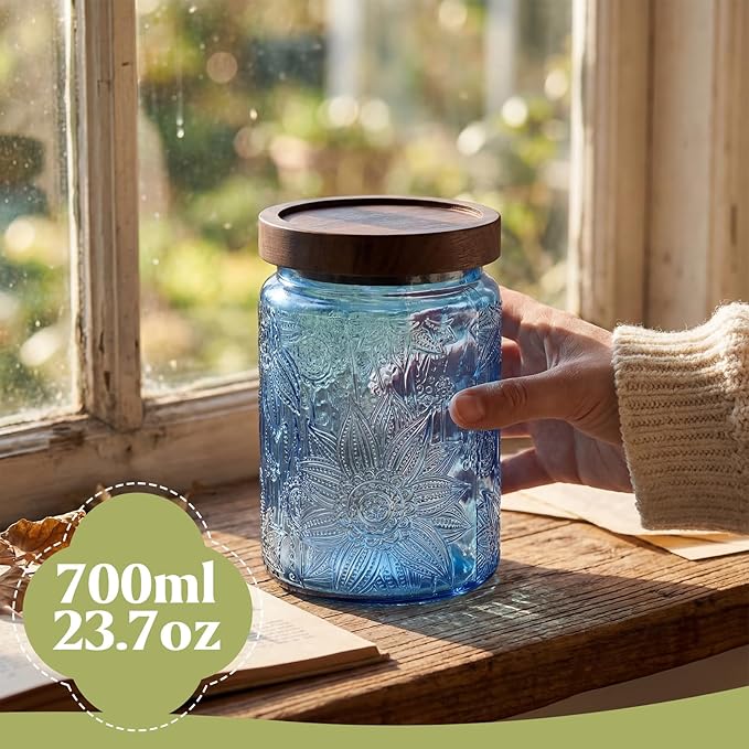 Willinglong 2 Pack 23.7oz Colored Vintage Glass Storage Jars with Wooden Lids Embossed Floral Decorative Canisters for Kitchen Countertop Airtight Container for Sugar Cookie Coffee Tea (Green, Blue) - Image 3