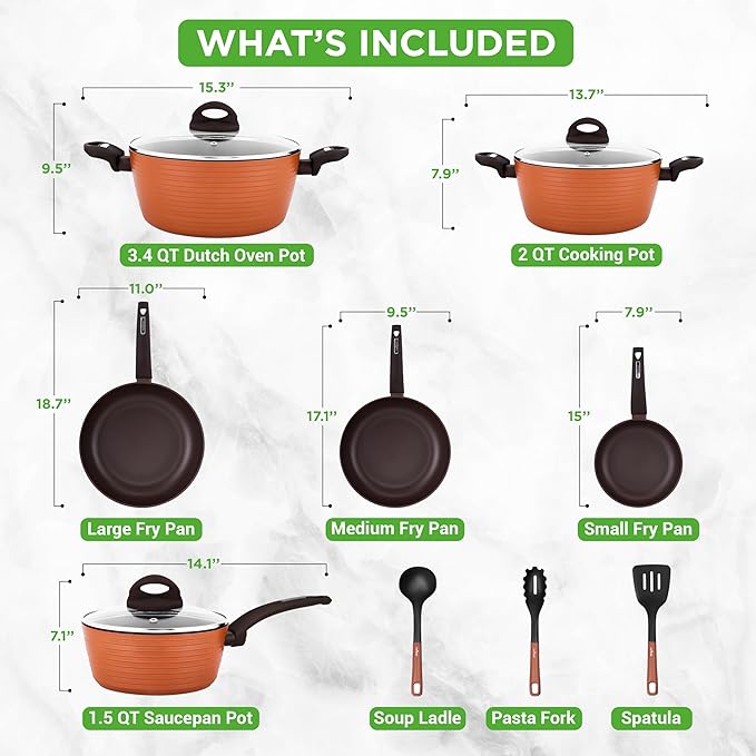 NutriChef Professional 12-Piece Brown Nonstick Cookware - PFOA/PFOS-Free, Heat Resistant Lacquer, Elegant Design, Multi-Sized Pots and Pans - Image 3