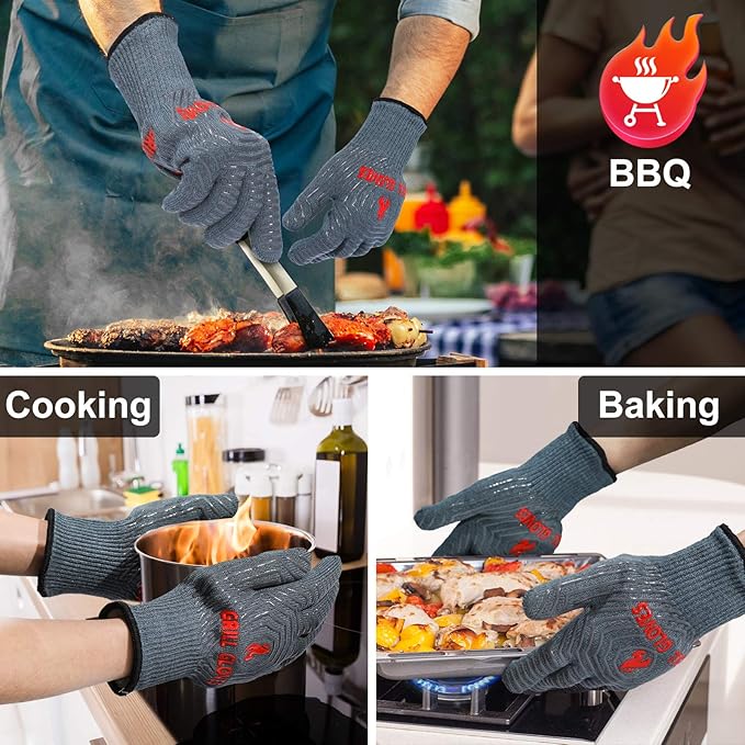 QUWIN BBQ Gloves, Oven Gloves 1472℉ Extreme Heat Resistant, Grilling Gloves Silicone Non-Slip Oven Mitts, Kitchen Gloves for BBQ, Grilling, Cooking, Baking-1 Pair… (Grey, One Size(Long Cuff)) - Image 5
