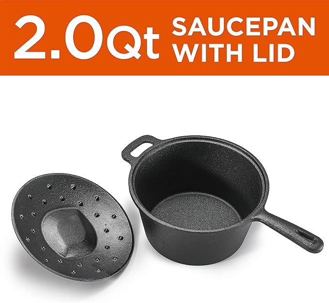 Commercial Chef 2-Qt. Saucepan with Lid, Pre-Seasoned Cast Iron, Integrated Handles, Works on All Cooktops Including Induction, Outdoor Skillet for Campfires or Grills, CHCI20 - Image 3