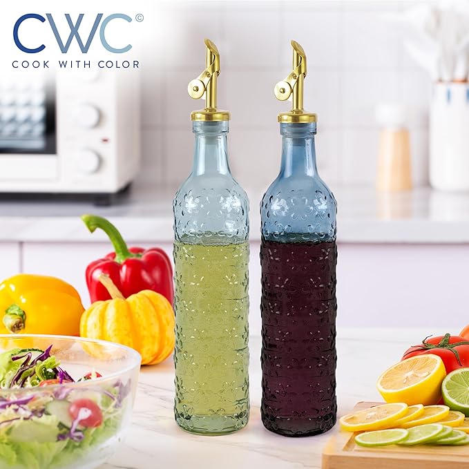 COOK WITH COLOR Glass Olive Oil Bottle Dispenser - 2 Pack- 17oz Oil and Vinegar Cruet - Olive Oil Carafe Decanter for Kitchen, Floral, Blue - Image 8