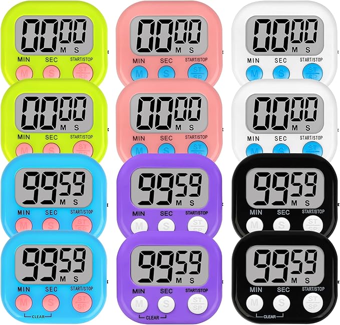 Lasubst Digital Classroom Timers for Teachers Kids School Supplies Bulk with Magnetic Back 12 Pack, Black White Pink Purple Blue Green