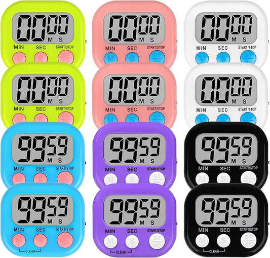 Lasubst Digital Classroom Timers for Teachers Kids School Supplies Bulk with Magnetic Back 12 Pack, Black White Pink Purple Blue Green
