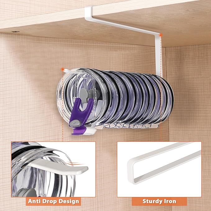 2 Pack Tumbler Lid Organizer, Horizontal Tumbler Lid Storage Hook to Hold Up 20 Lids, Space Saving Cup Lid Holders Under Cabinet Tumbler Lid Hook for Kitchen Organizer, Paper Towel Rack Hanger (White) - Image 4