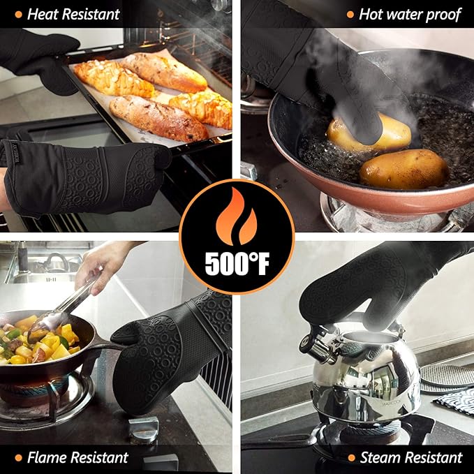 Rorecay 6pcs Oven Mitts and Pot Holders Sets Heat Resistant 500 Degrees, Extra Long and Non-Slip Silicone Oven Gloves Potholders Hot Pads for Kitchen Baking Cooking, Quilted Liner, Black - Image 5