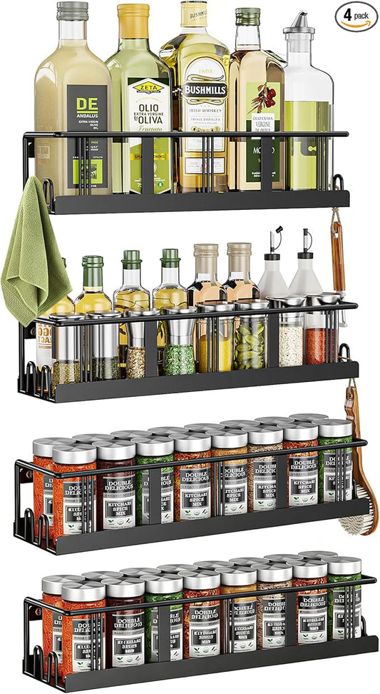 Bunoxea Spice Rack Wall Mounted 4 Pack, Space-Saving Spice Organizer for Spice Jars and Seasonings,Screw or Adhesive Hanging Spice Rack Organizer for Your Kitchen Cabinet,or Pantry Door