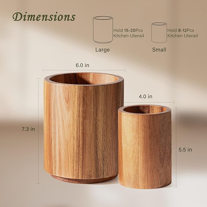 Criusia Utensil Holder 2 Pack, 360° Rotating Acacia Wood Cooking Utensil Crocks for Kitchen Counter, Farmhouse & Modern Decor, (1 Large,1 Small) - Image 2