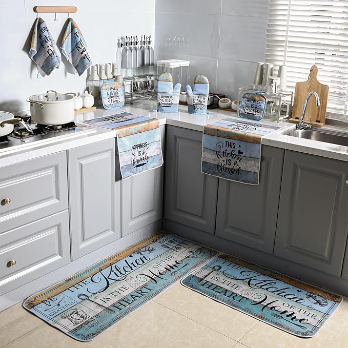 Fourluoo 10 Pcs Farmhouse Kitchen Decor and Accessories Set 4 Kitchen Towels 2 Pot Holders 2 Oven Mitts 2 Rugs for Cooking Baking Mom Housewarming Gifts(Bright Wood Grain,Classic Style) - Image 7