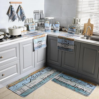 Fourluoo 10 Pcs Farmhouse Kitchen Decor and Accessories Set 4 Kitchen Towels 2 Pot Holders 2 Oven Mitts 2 Rugs for Cooking Baking Mom Housewarming Gifts(Bright Wood Grain,Classic Style) - Image 7