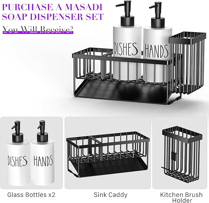 MASADI Kitchen Dish Soap Dispenser Set with Sponge Holder, 12OZ Glass Bottle, Hand and Dish Soap Dispenser Set, Non-Slip Silicone Pad, Brush Holder, Kitchen Sink Organizer Countertop (Black+White) - Image 2