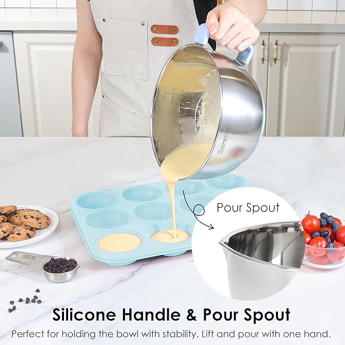 Rorence Stainless Steel Mixing Bowls Set: Non-Slip Silicone Bottom Kitchen Bowls with Pour Spout, Handle and Lid - Set of 3 - Light Blue - Image 4
