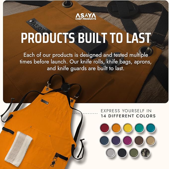 Asaya Chef and BBQ Apron with Bottle Opener and Hand Towel - 10oz Cotton Canvas, Stainless Steel Hardware - Cross Back Straps - Image 6