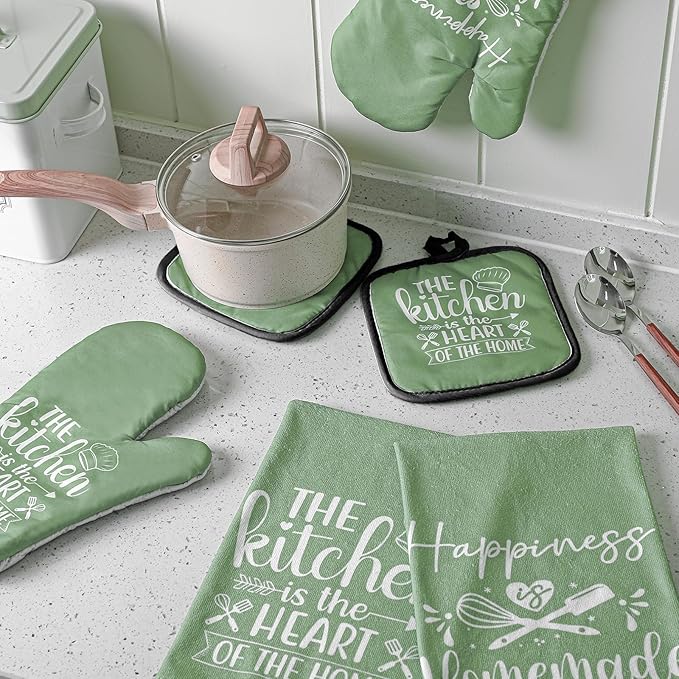 Sratte 6 Pcs Kitchen Decor Accessories Set Farmhouse Towels Pot Holders Oven Mitts Set 2 Dish Towels 2 Potholders 2 Cooking Mittens Oven Glove for Christmas Baking Cooking Supply(Sage Green,Kitchen) - Image 3