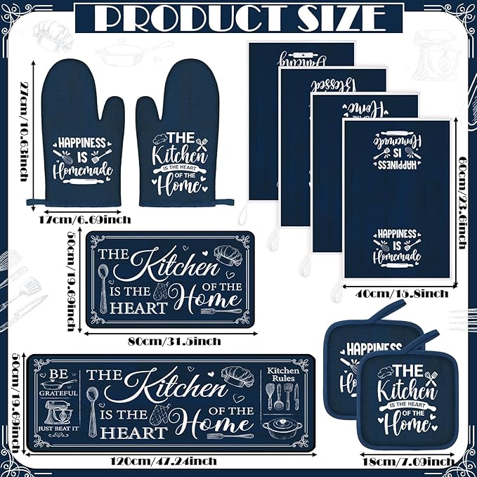 Fourluoo 10 Pcs Farmhouse Kitchen Decor and Accessories Set 4 Kitchen Towels 2 Pot Holders 2 Oven Mitts 2 Rugs for Cooking Baking Mom Housewarming Gifts(Dark Blue,Classic Style) - Image 3