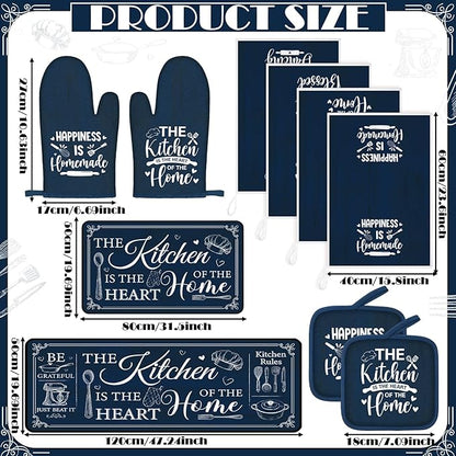 Fourluoo 10 Pcs Farmhouse Kitchen Decor and Accessories Set 4 Kitchen Towels 2 Pot Holders 2 Oven Mitts 2 Rugs for Cooking Baking Mom Housewarming Gifts(Dark Blue,Classic Style) - Image 3