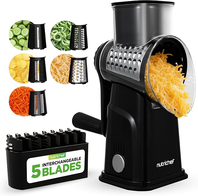NutriChef 5 in 1 Cheese Grater & Shredder | 5 Different Blades for Thin, Thick, Julienne Strips, Wavy, & Straight Strips | Includes Hand Crank, Strong Suction Base & Storage Container | Black by NutriChef%E2%84%A2Kitchen