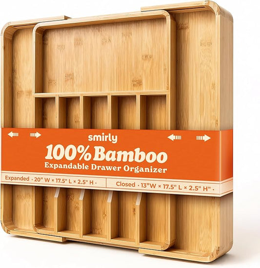 SMIRLY Silverware Drawer Organizer – Bamboo Kitchen Drawer Organizer, Adjustable Utensil Holder and Cutlery Tray, Drawer Dividers for Flatware and Kitchen Utensils | Adjustable, Drawer Dividers, Flatware, Kitchen Utensils
