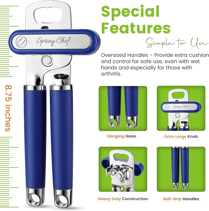 Spring Chef Stainless Steel Can Opener - Manual with Soft Grip Handles, Easy Turn, Heavy Duty Hand Can Openers for Seniors with Smooth Edge - Magnetic Lid Remover - Sapphire - Image 3