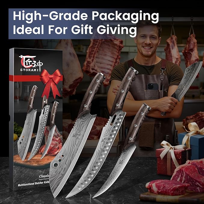 SYOKAMI Butcher Knife Set, 3 PCS Kitchen Knives Set for Cutting, Meat Cleaver Chef Knife Set, Japanese Style High Carbon Steel Knives Set, Chopping & Slicing & Boning for Home and BBQ, Gift for Mom