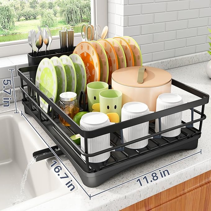 Dish Drying Rack - Rust Resistant Dish Drainer for Kitchen Counter with Drainboard & Rotating Spout, Large-Capacity Dish Rack with Removable Utensil Holder, Space-saving kitchen organizer, Black - Image 5