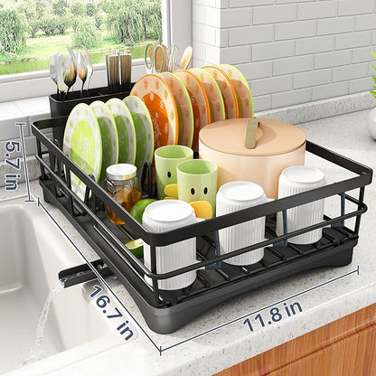Dish Drying Rack - Rust Resistant Dish Drainer for Kitchen Counter with Drainboard & Rotating Spout, Large-Capacity Dish Rack with Removable Utensil Holder, Space-saving kitchen organizer, Black - Image 5