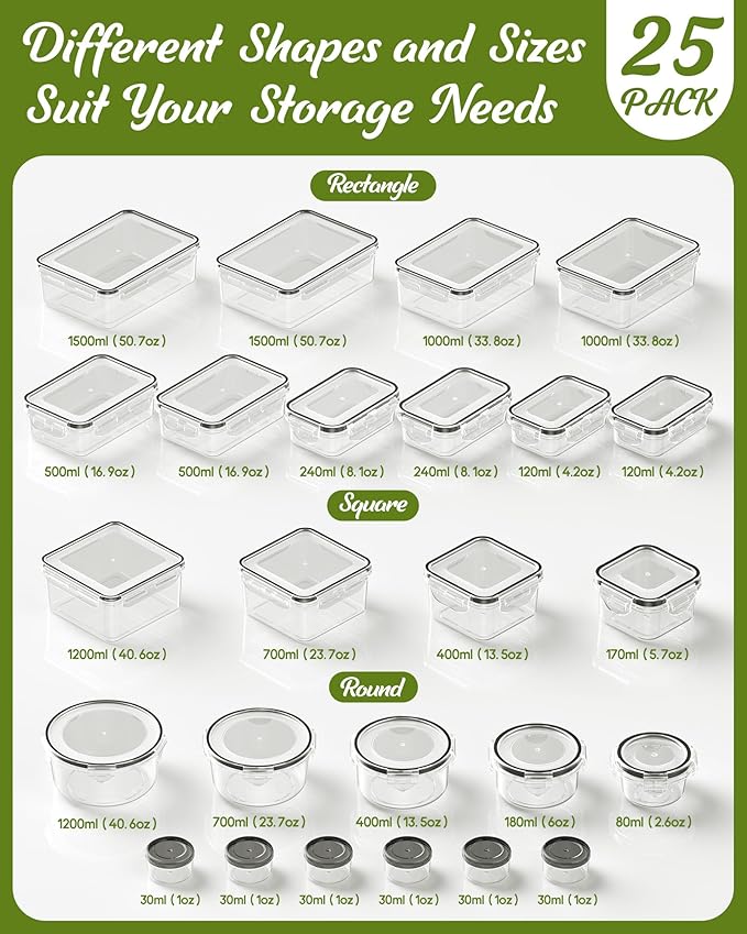 50 Piece Food Storage Containers with Lids(25 Containers & 25 Lids), BPA-Free Plastic Food Containers for Kitchen Storage and Organization, Leak Proof Meal Prep Container, Includes Labels & Pen - Image 2